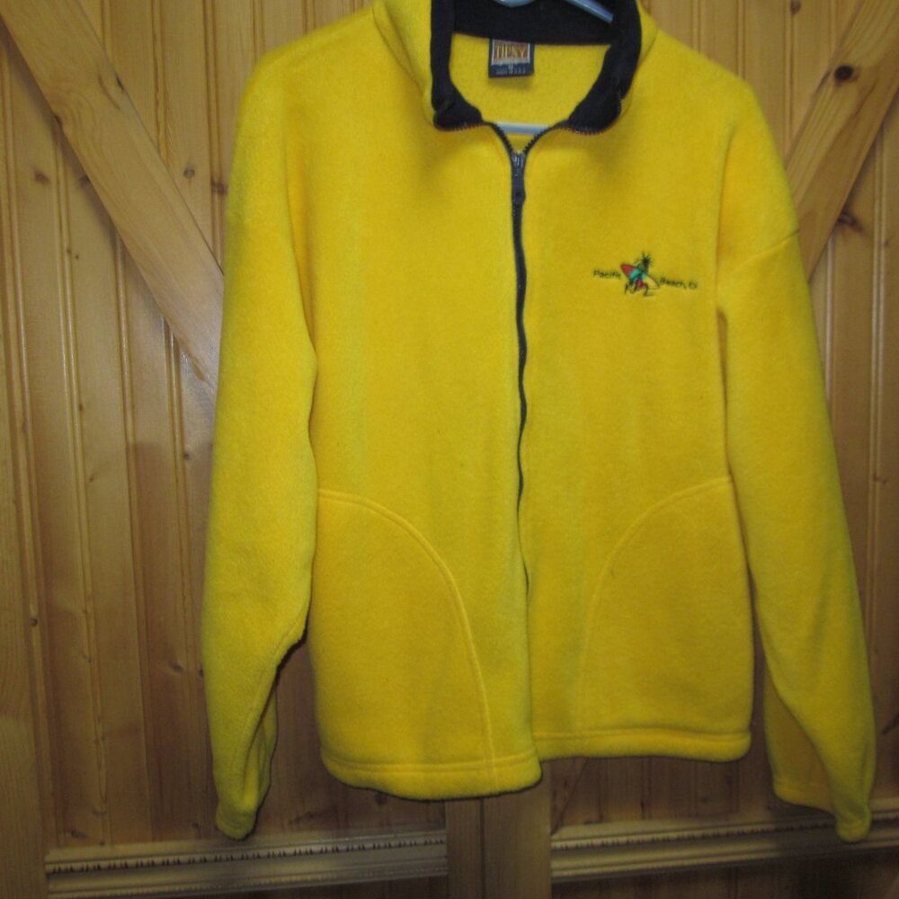 vtg TIPSY Fleece jacket embroidered surfer Pacific Beach Ca full zip yellow m/us